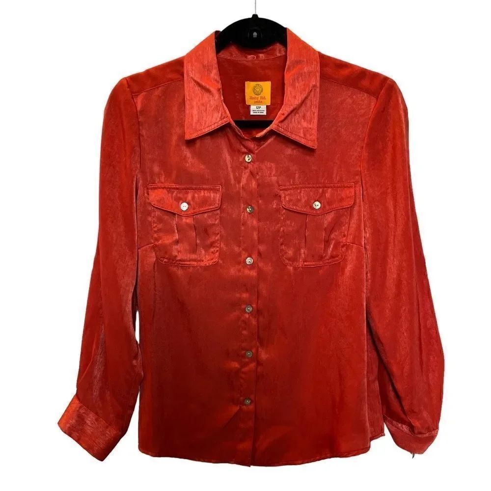 Ruby Red Women's Petite Button Up Blouse Size 12P Cayenne Color